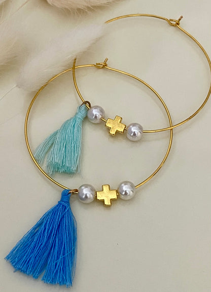 Μαρτυρικό Βραχιόλι Λεπτή Βέργα με Σταυρό, Πέρλες και Φουντίτσα