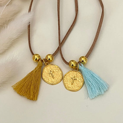 Μαρτυρικό Βραχιόλι ή Κολιέ Δέρμα με Σταυρό σε Φλουρί