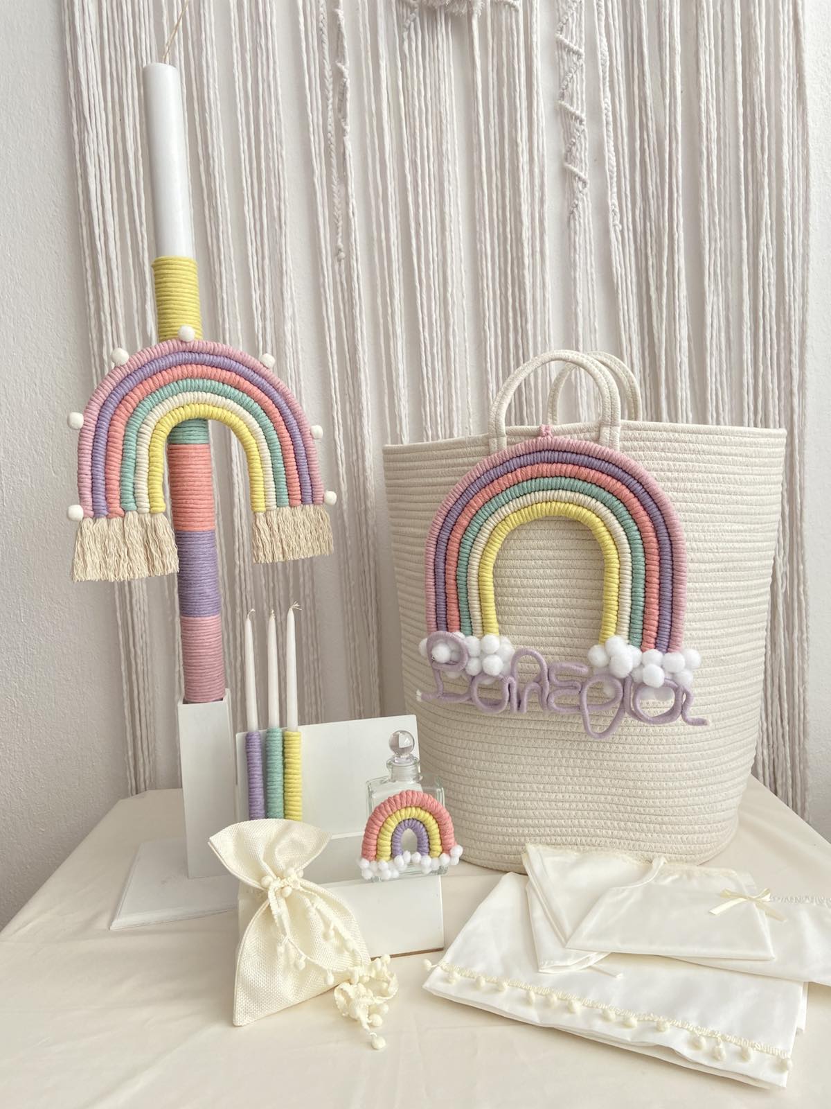 pastel rainbow baptism set handmade macrame