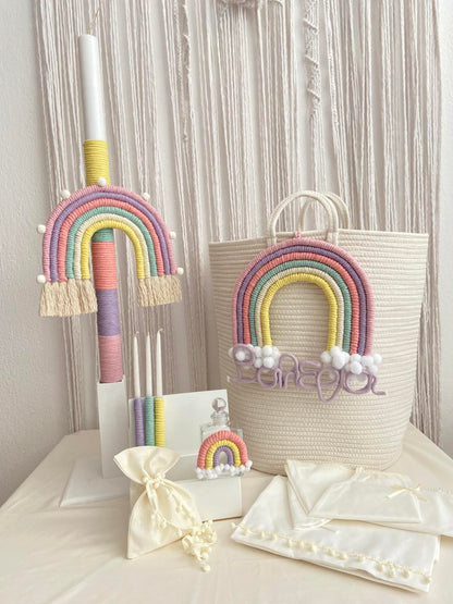 pastel rainbow baptism set handmade macrame